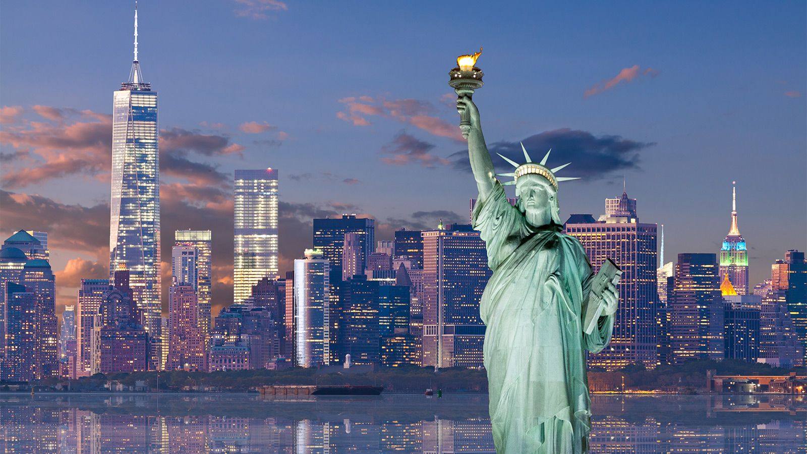 New York City skyline at dusk